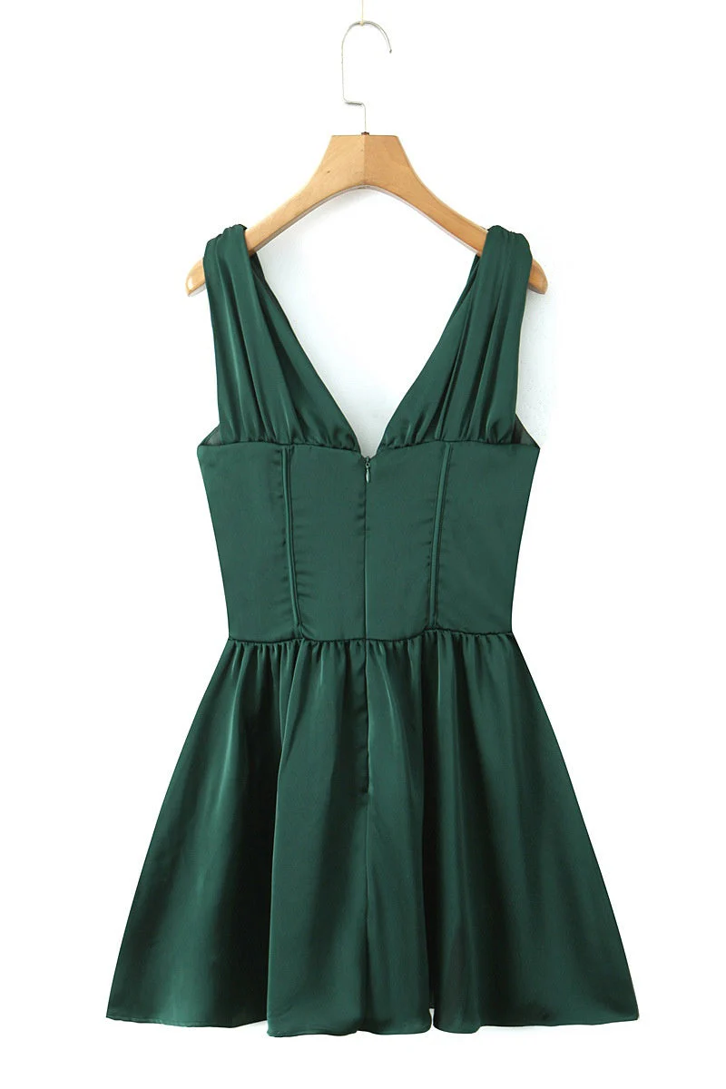 Dark Green V Neck Empire Short Dress - Image 3