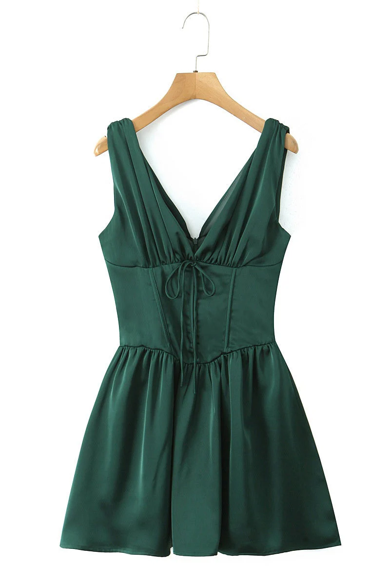 Dark Green V Neck Empire Short Dress - Image 4