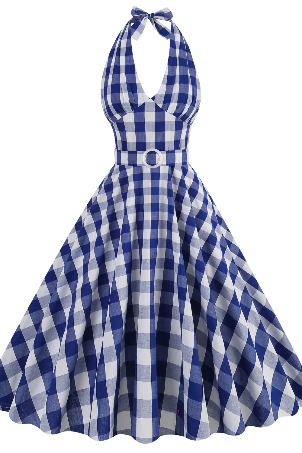 Deep V Neck Pink Plaid Gingham Swing Dress with Belt - Image 11