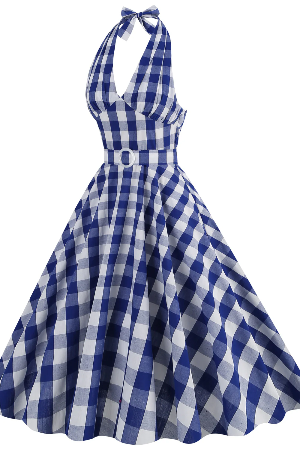 Deep V Neck Pink Plaid Gingham Swing Dress with Belt - Image 12