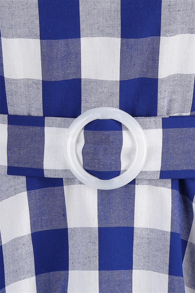 Deep V Neck Pink Plaid Gingham Swing Dress with Belt - Image 15