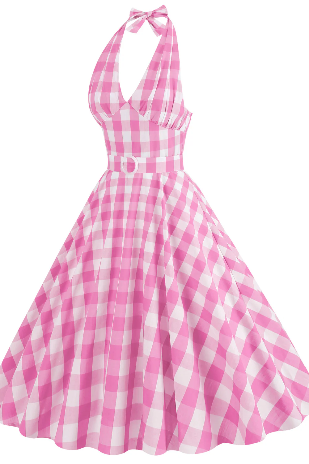 Deep V Neck Pink Plaid Gingham Swing Dress with Belt - Image 3