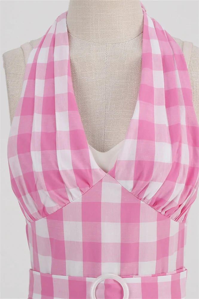 Deep V Neck Pink Plaid Gingham Swing Dress with Belt - Image 4