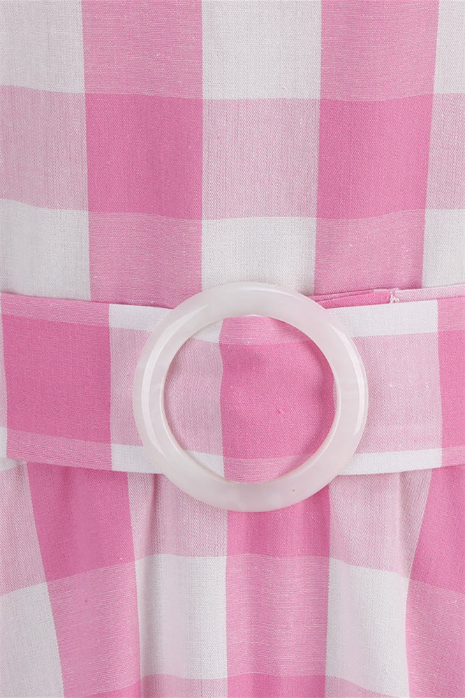 Deep V Neck Pink Plaid Gingham Swing Dress with Belt - Image 5