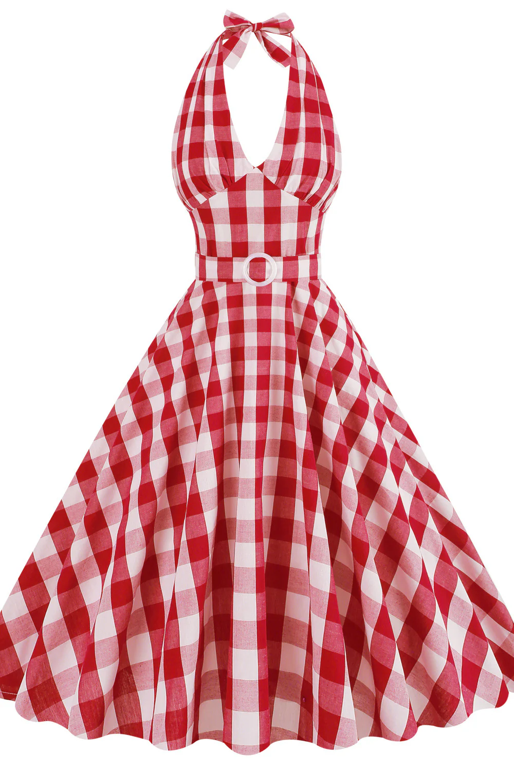 Deep V Neck Pink Plaid Gingham Swing Dress with Belt - Image 7