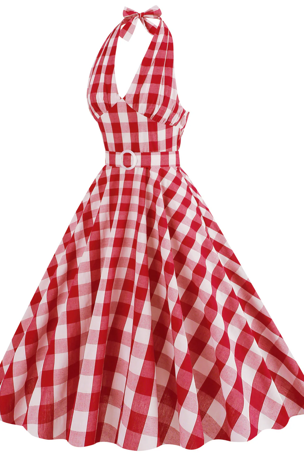 Deep V Neck Pink Plaid Gingham Swing Dress with Belt - Image 8