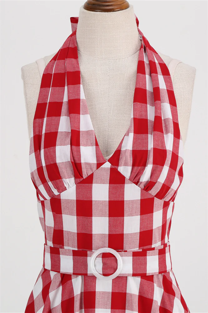Deep V Neck Pink Plaid Gingham Swing Dress with Belt - Image 9