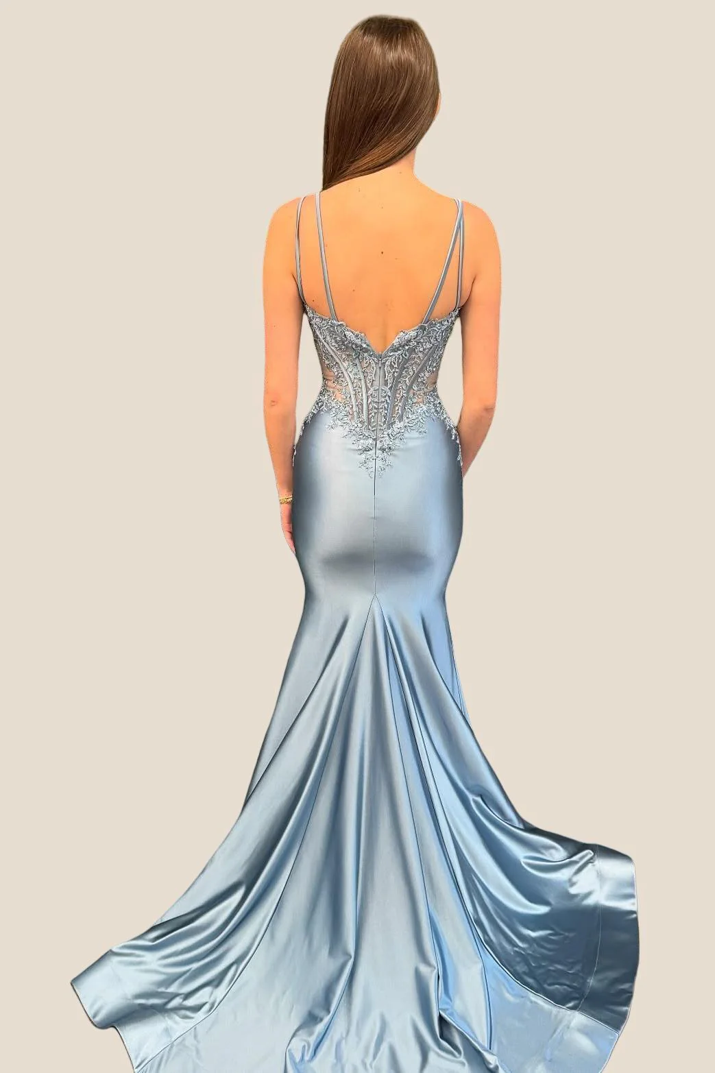 Double Straps Dusty Blue Appliques Long Dress - Image 2