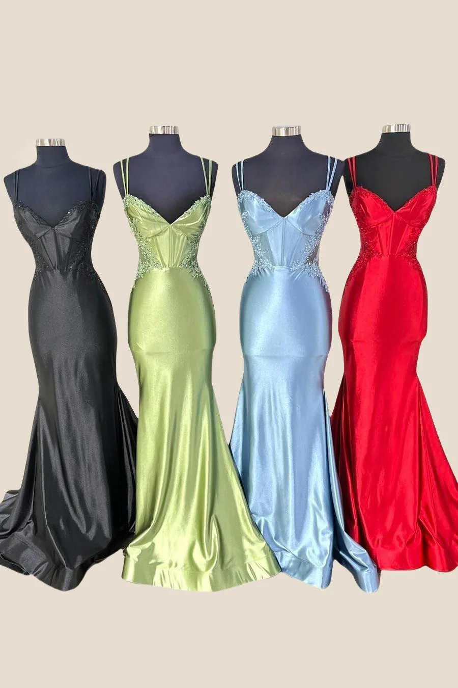 Double Straps Dusty Blue Appliques Long Dress - Image 3