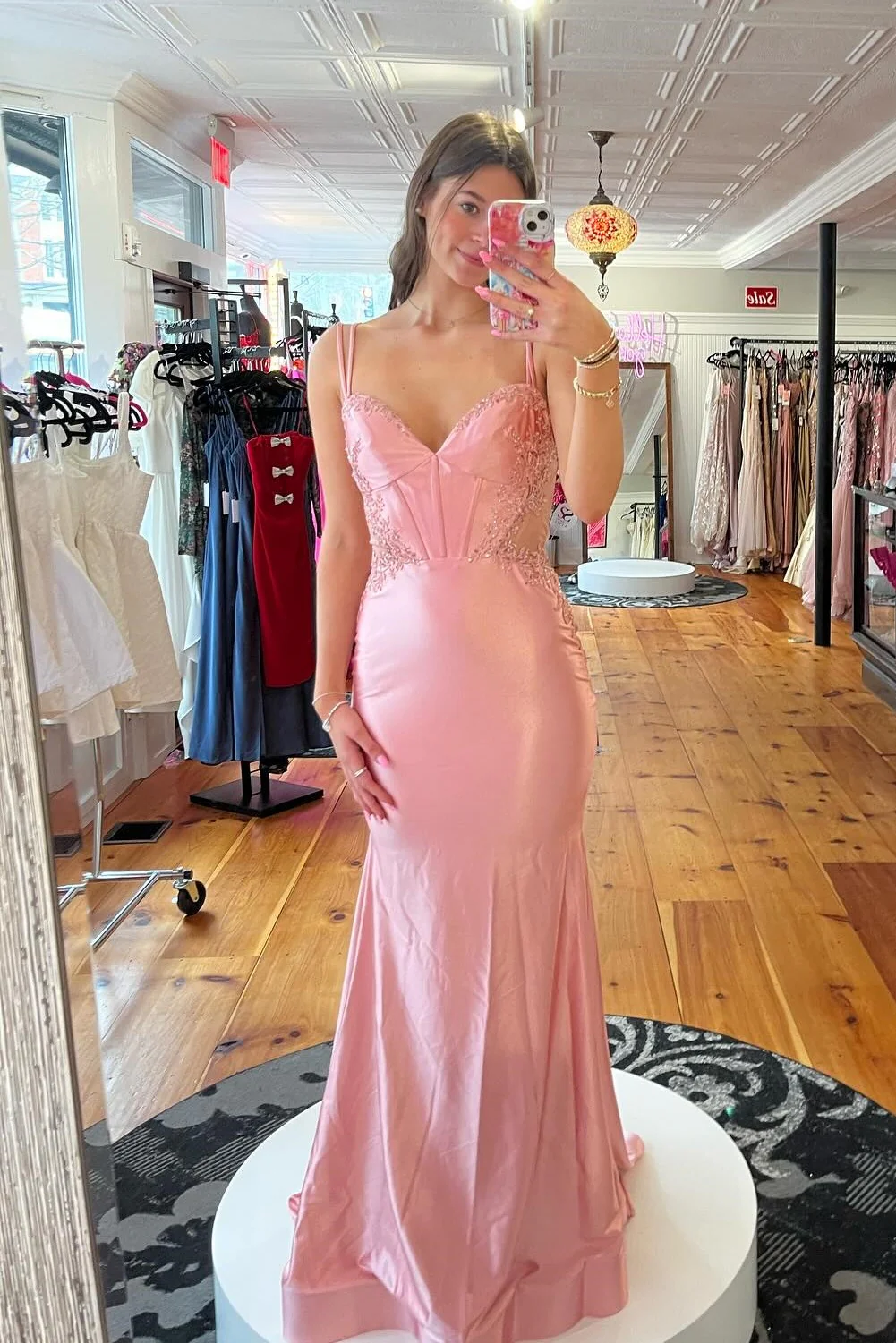 Double Straps Dusty Blue Appliques Long Dress - Image 4