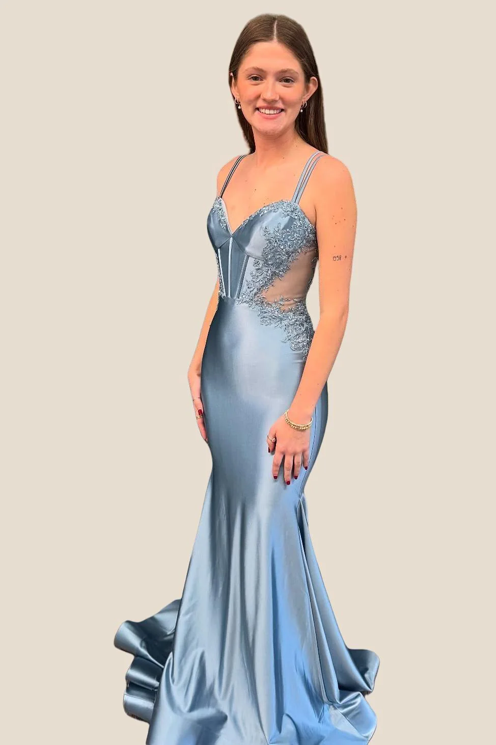 Double Straps Dusty Blue Appliques Long Dress - Image 6