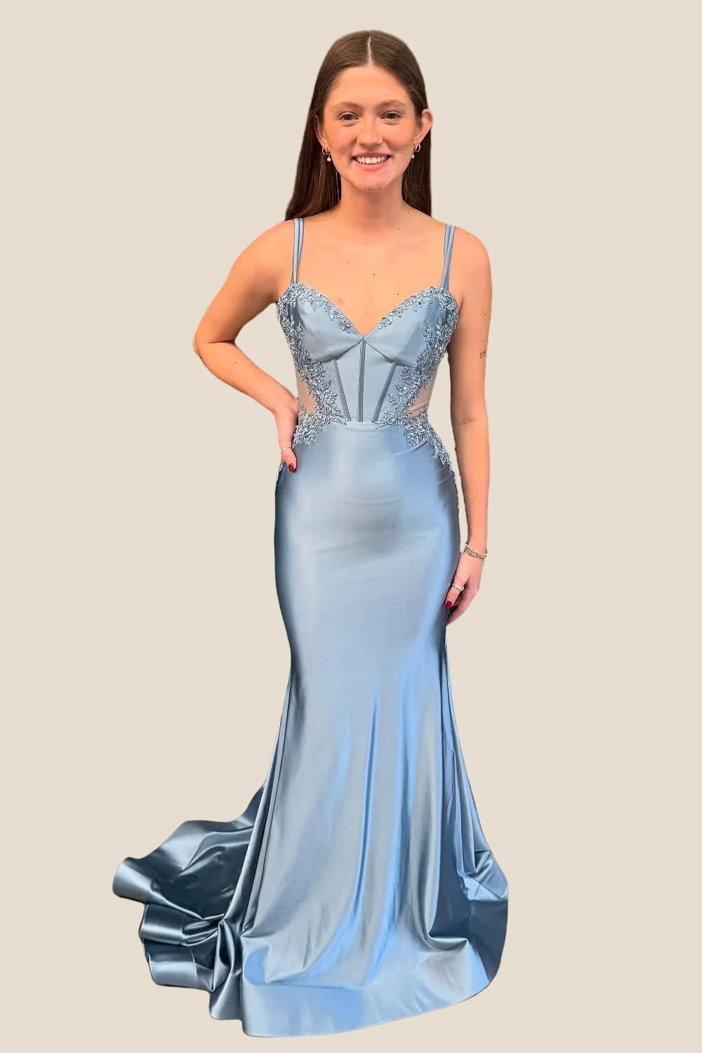 Double Straps Dusty Blue Appliques Long Dress - Image 7