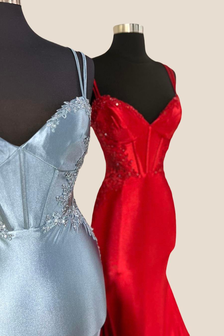 Double Straps Dusty Blue Appliques Long Dress - Image 9