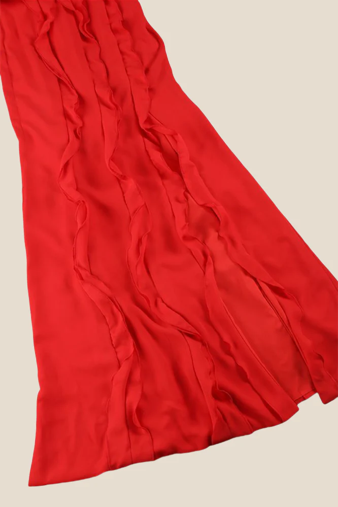 Double Straps Red Ruffle Long Dress with Slit - Image 10