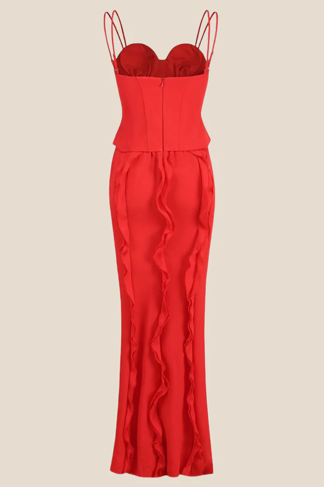 Double Straps Red Ruffle Long Dress with Slit - Image 2