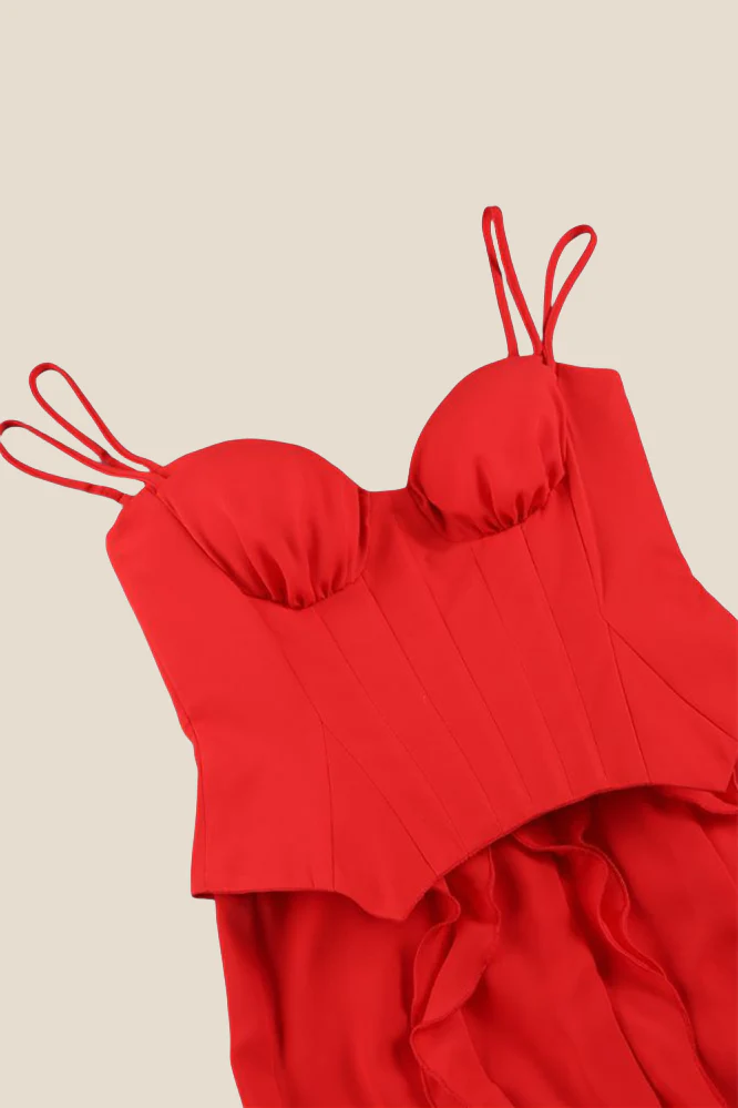Double Straps Red Ruffle Long Dress with Slit - Image 3