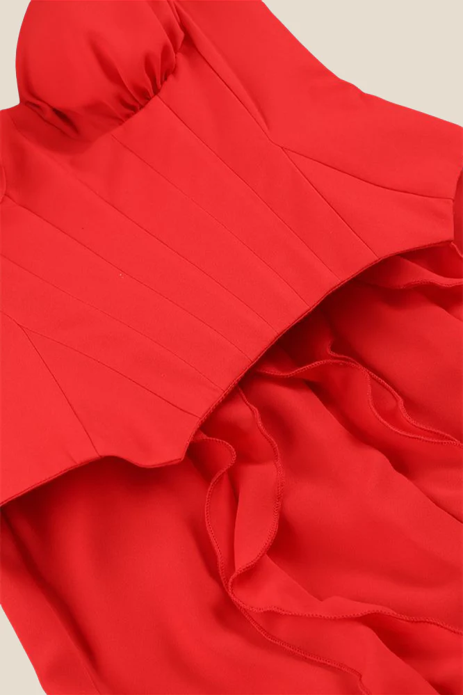 Double Straps Red Ruffle Long Dress with Slit - Image 9