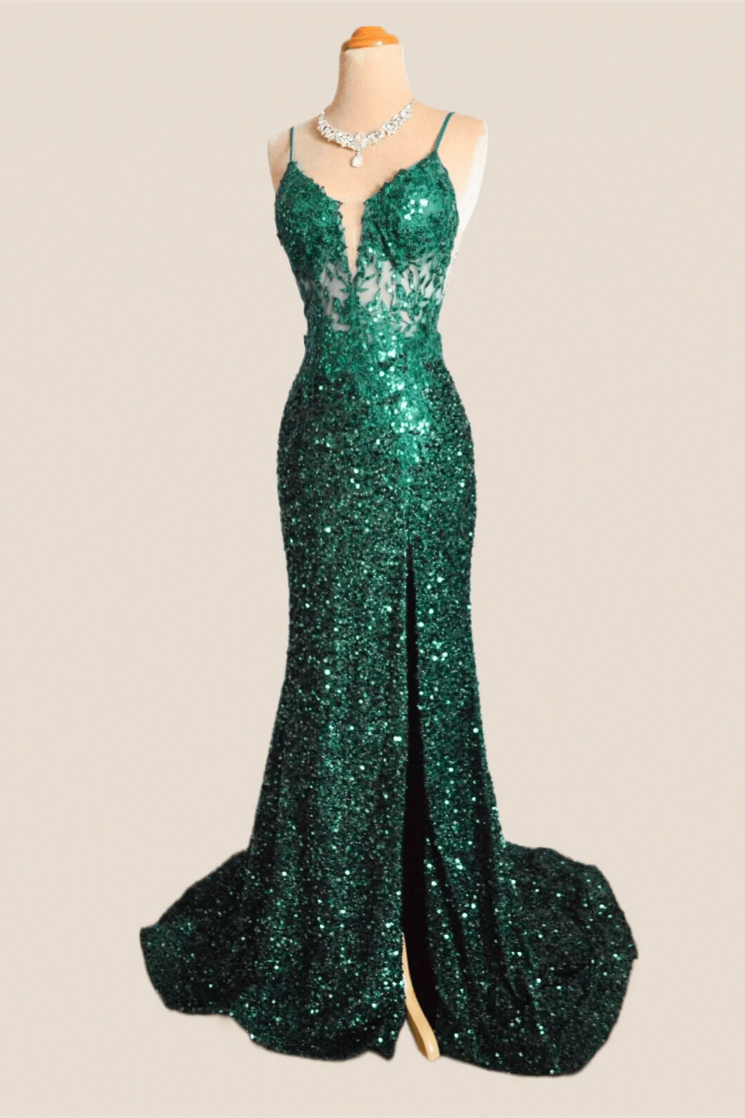 Emerald Green Sequin Mermaid Long Party Dress - Image 3