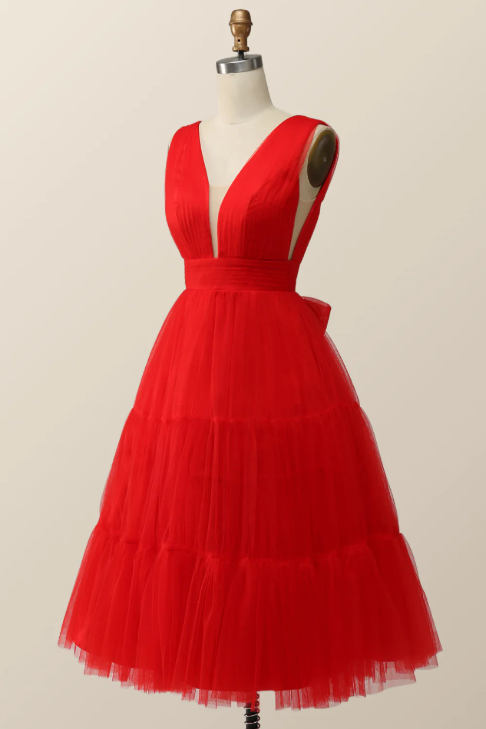 Empire Red Tulle A-line Midi Dress - Image 3
