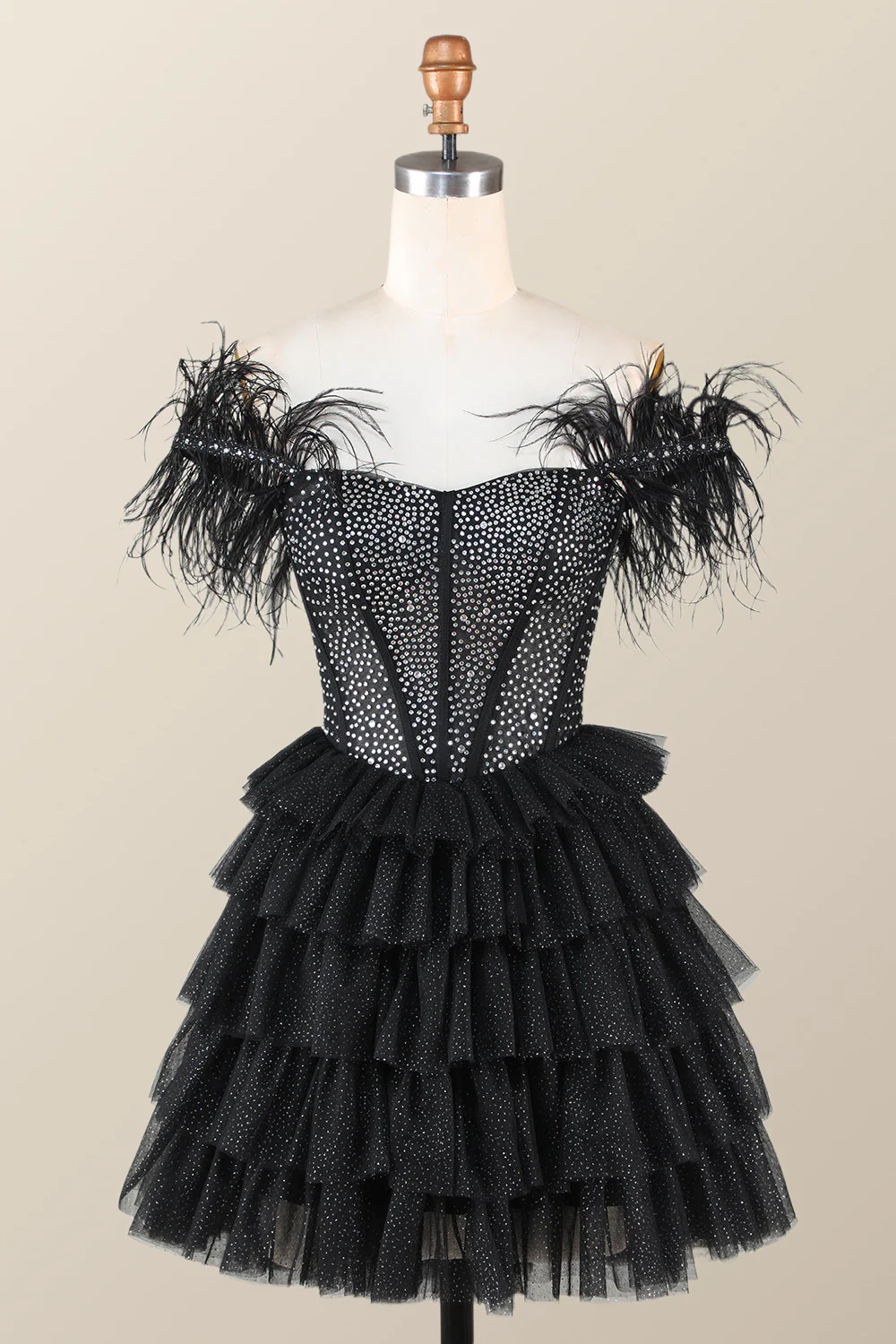 Feather Off the Shoulder Beaded Black Tiered Short Dress