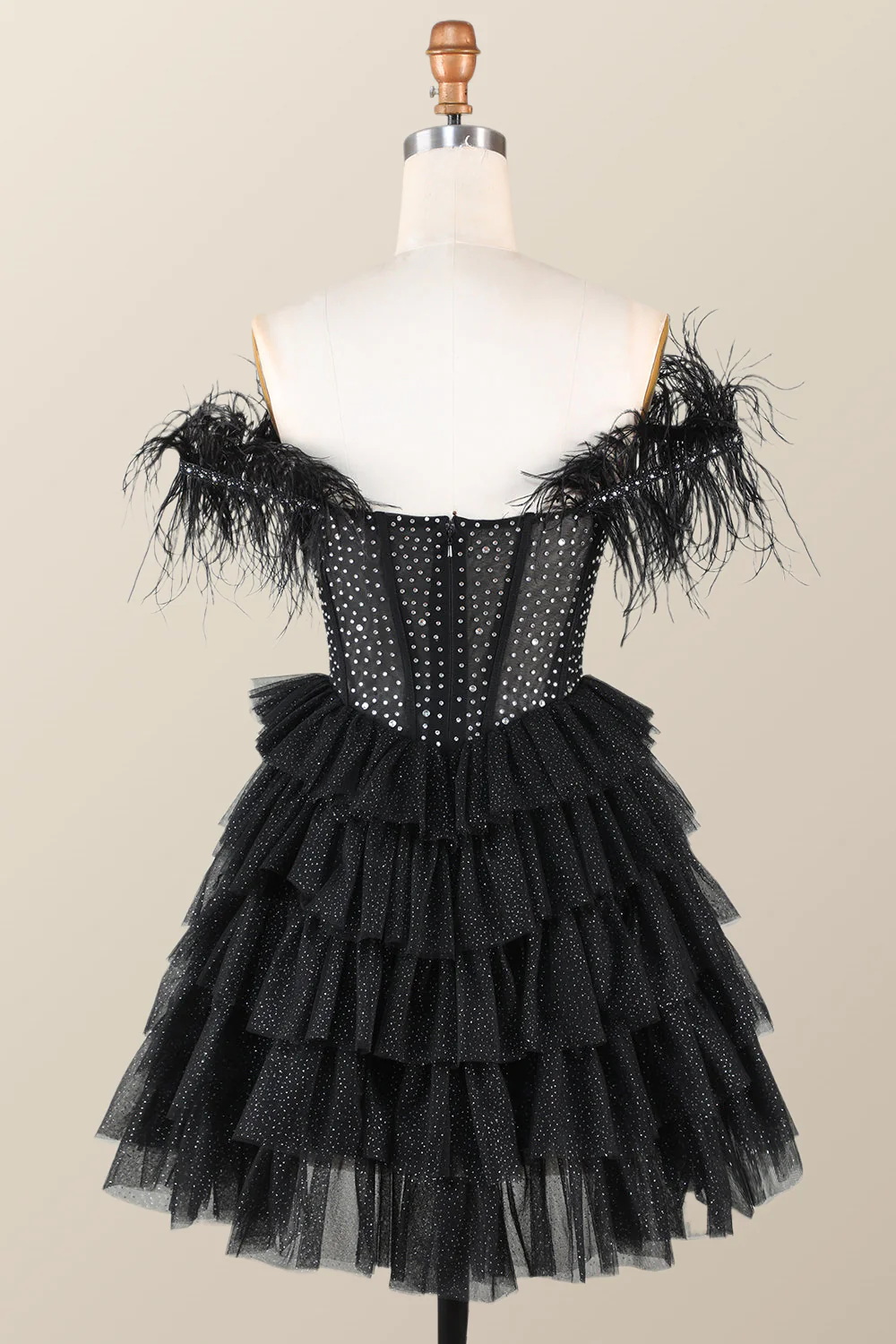 Feather Off the Shoulder Beaded Black Tiered Short Dress - Image 2