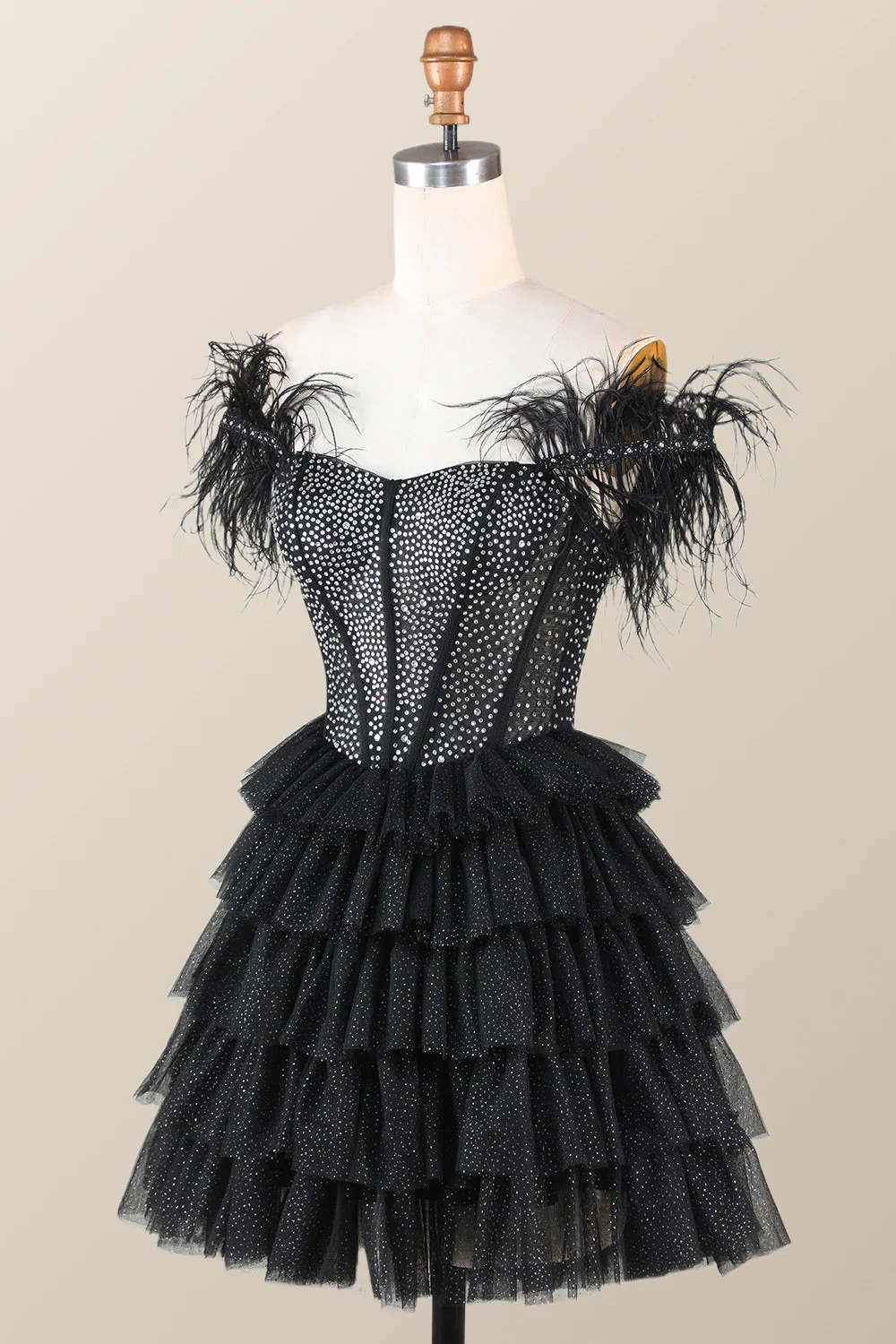 Feather Off the Shoulder Beaded Black Tiered Short Dress - Image 3