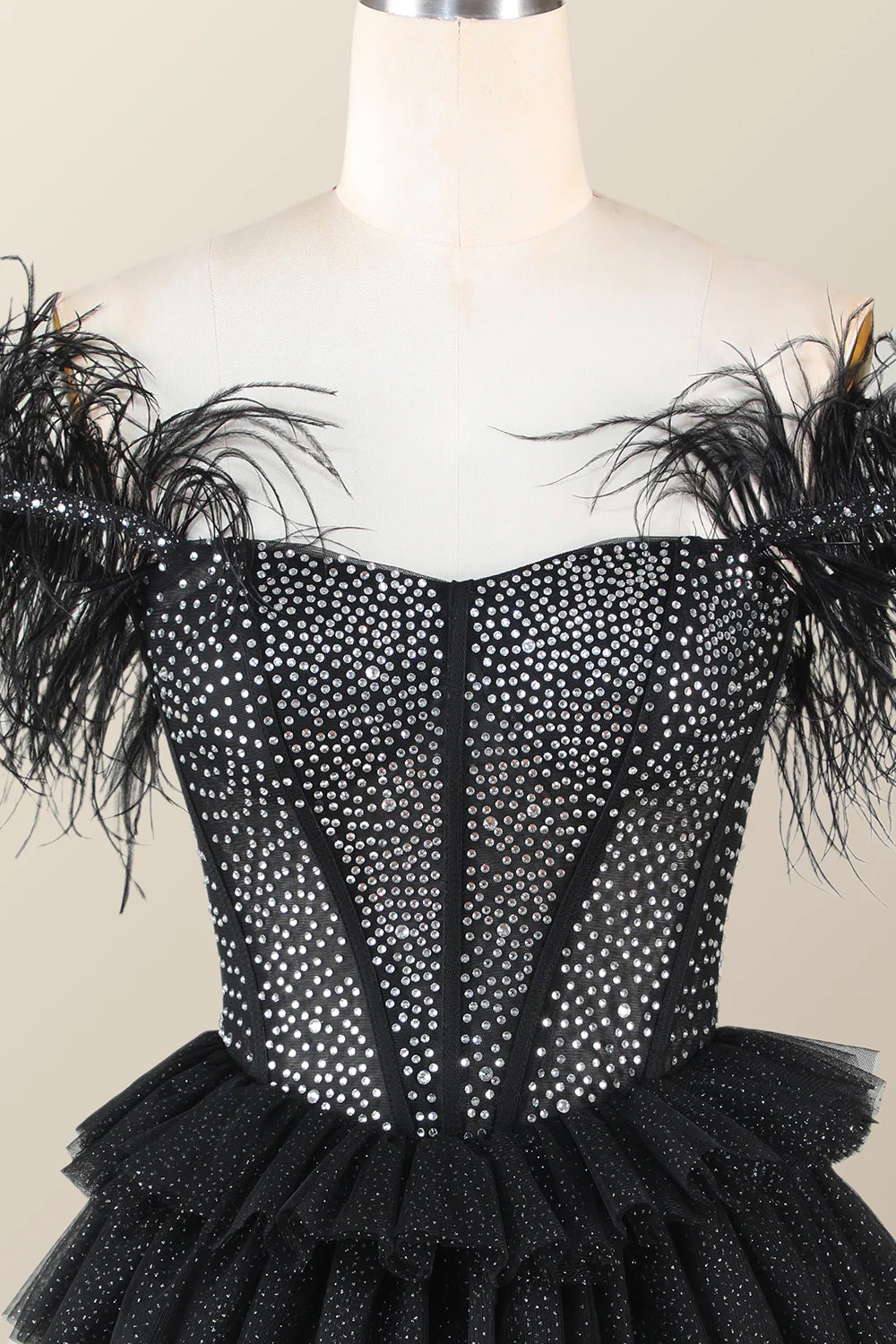 Feather Off the Shoulder Beaded Black Tiered Short Dress - Image 4