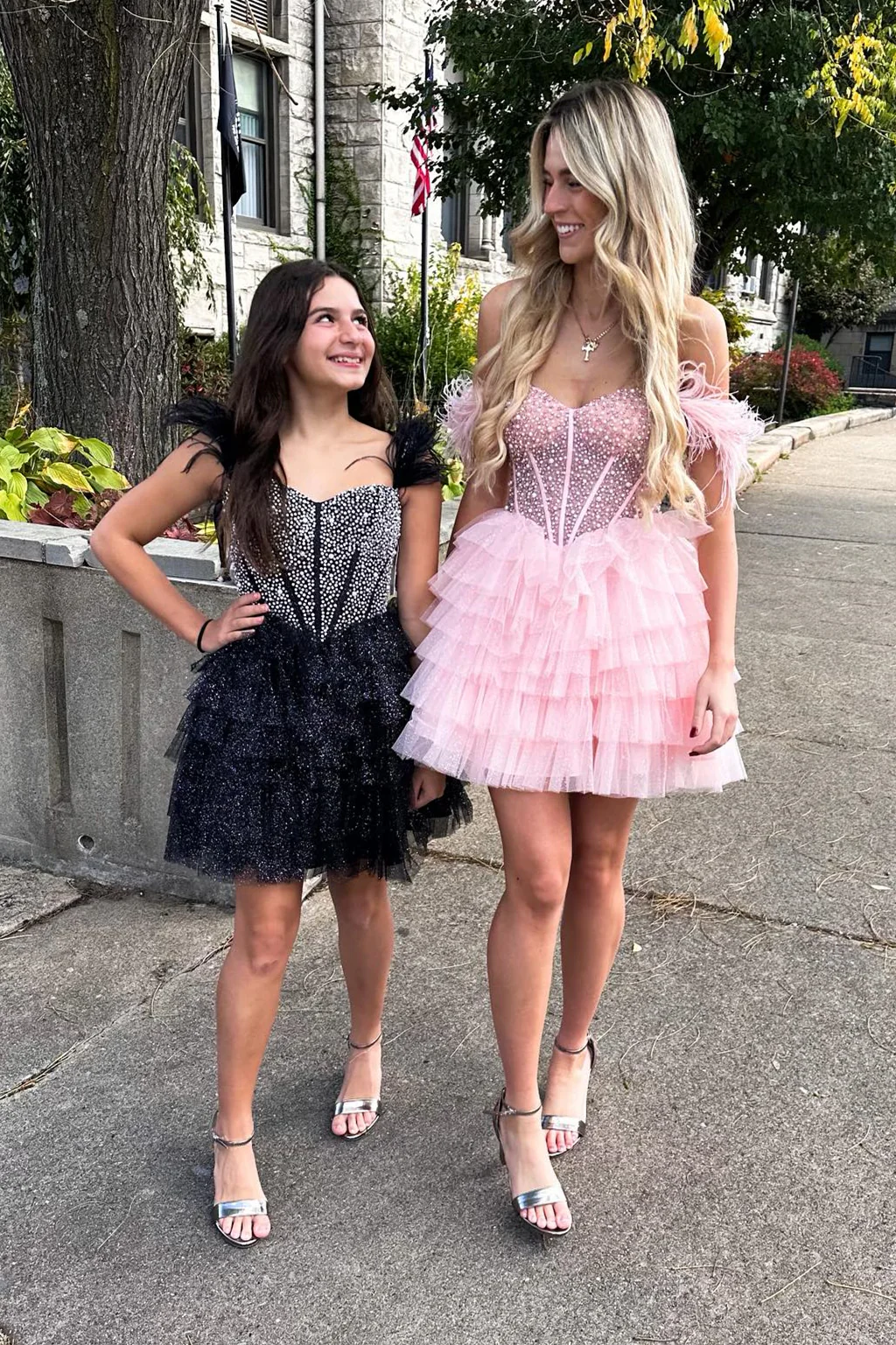 Feather Off the Shoulder Beaded Black Tiered Short Dress - Image 5