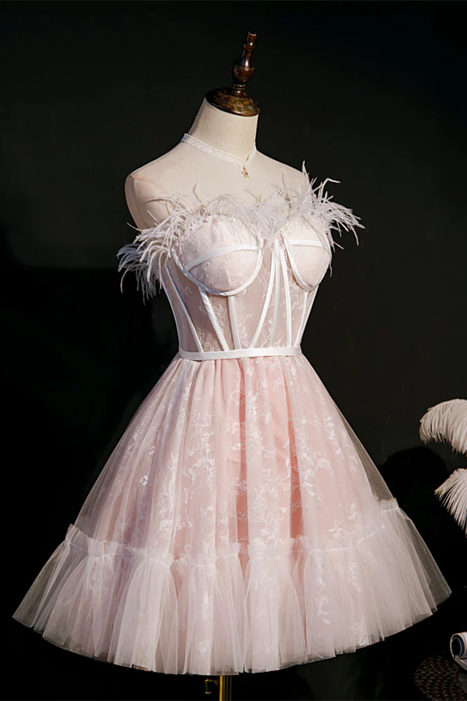 Feather Pink Lace Short A-line Homecoming Dress - Image 2
