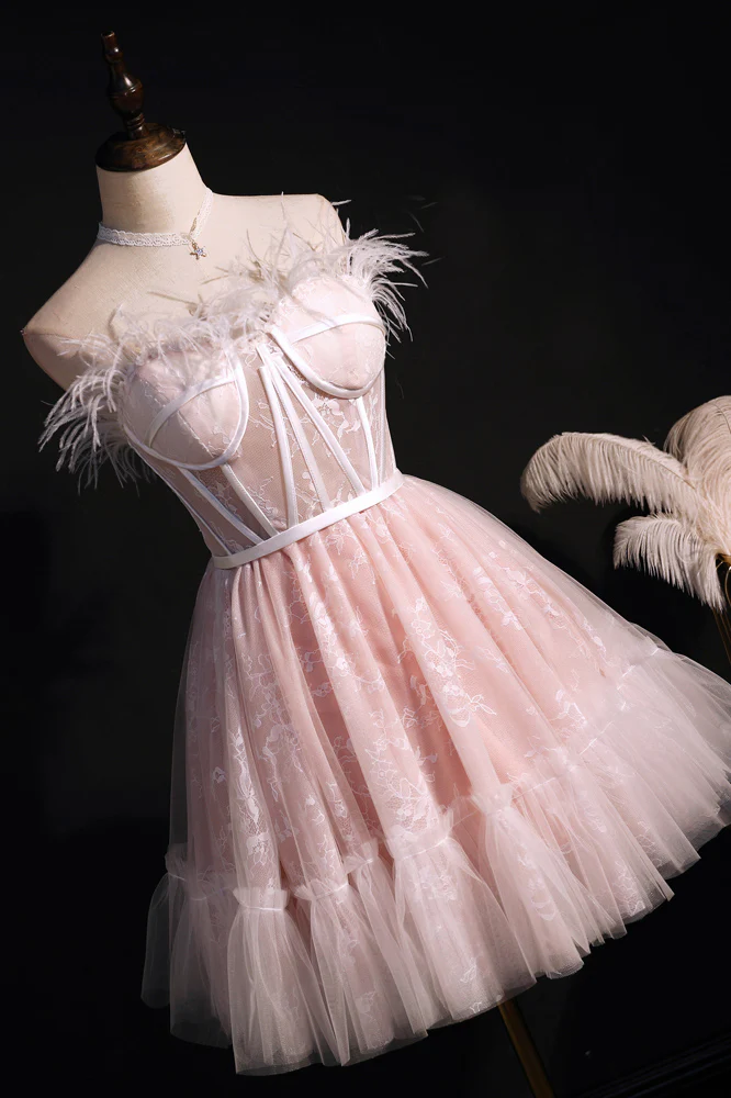 Feather Pink Lace Short A-line Homecoming Dress - Image 3