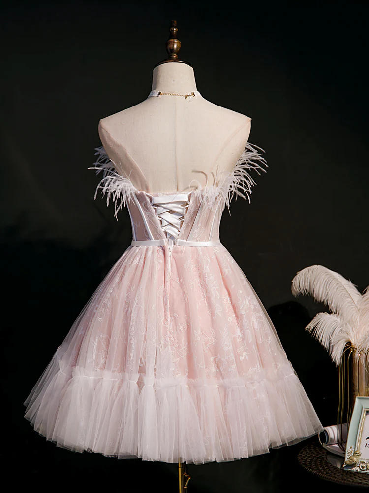 Feather Pink Lace Short A-line Homecoming Dress - Image 5