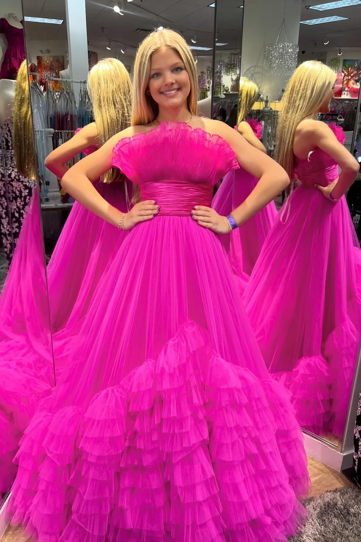 Fit and Flare Red Tulle Ruffles Long Formal Gown - Image 3