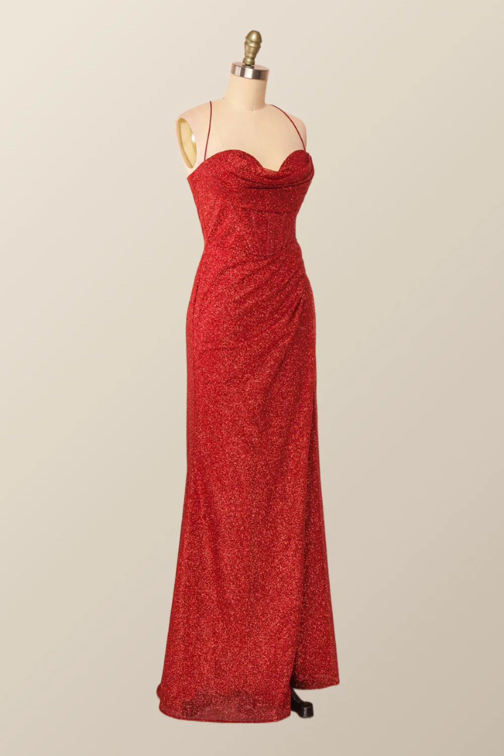 Fitted Red Cowl Neck Long Party Dress with Slit - Image 2