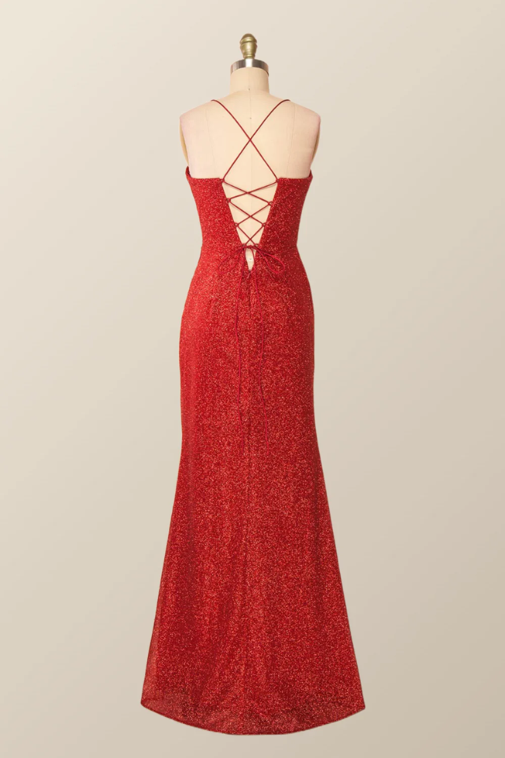 Fitted Red Cowl Neck Long Party Dress with Slit - Image 3