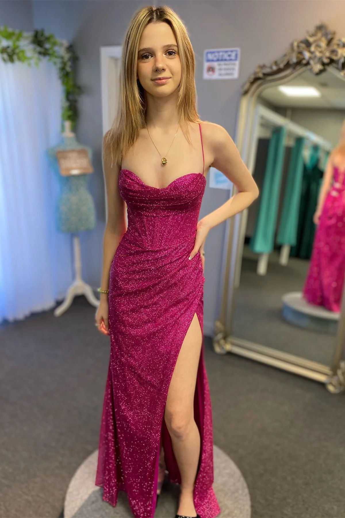 Fitted Red Cowl Neck Long Party Dress with Slit - Image 4