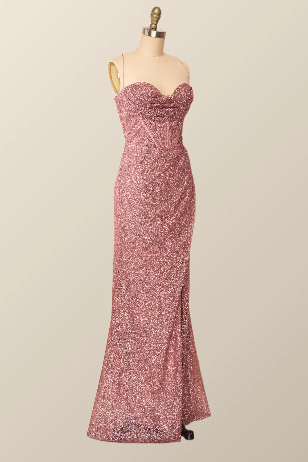 Fitted Red Cowl Neck Long Party Dress with Slit - Image 7