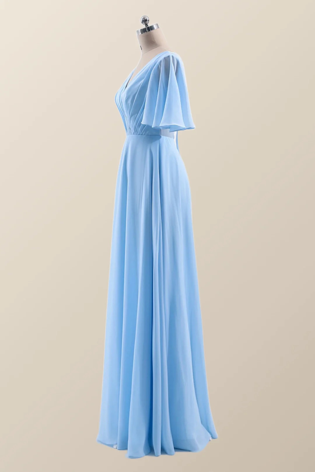 Flare Sleeves Blue Chiffon A-line Long Bridesmaid Dress - Image 2
