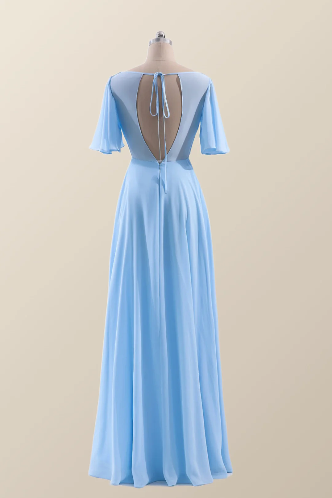 Flare Sleeves Blue Chiffon A-line Long Bridesmaid Dress - Image 3
