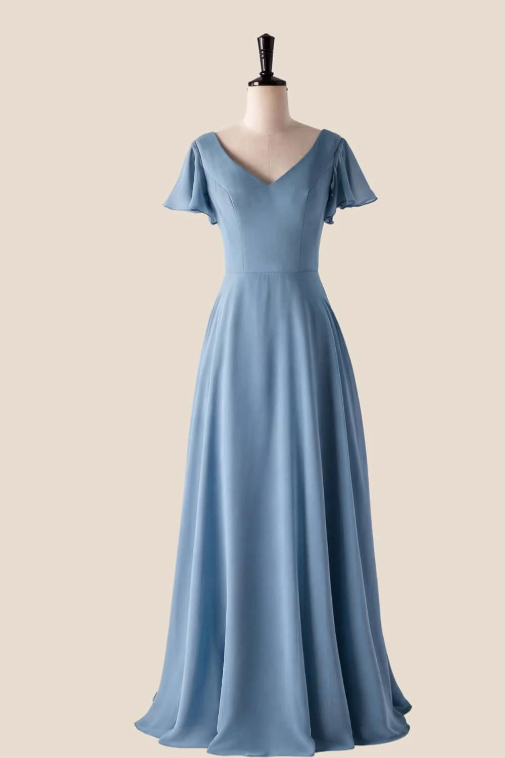 Flare Sleeves Misty Blue Chiffon Long Bridesmaid Dress