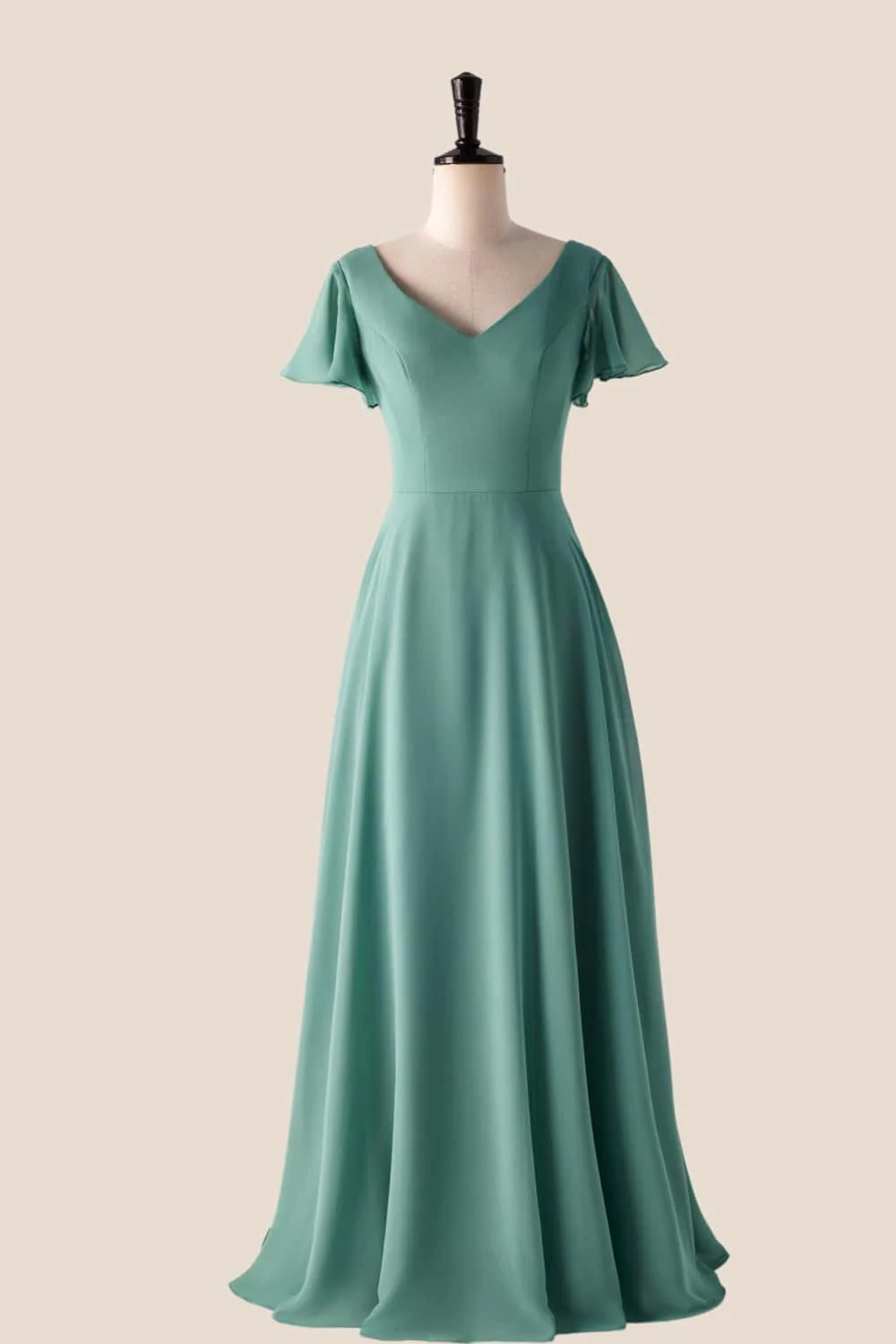 Flare Sleeves Misty Blue Chiffon Long Bridesmaid Dress - Image 2