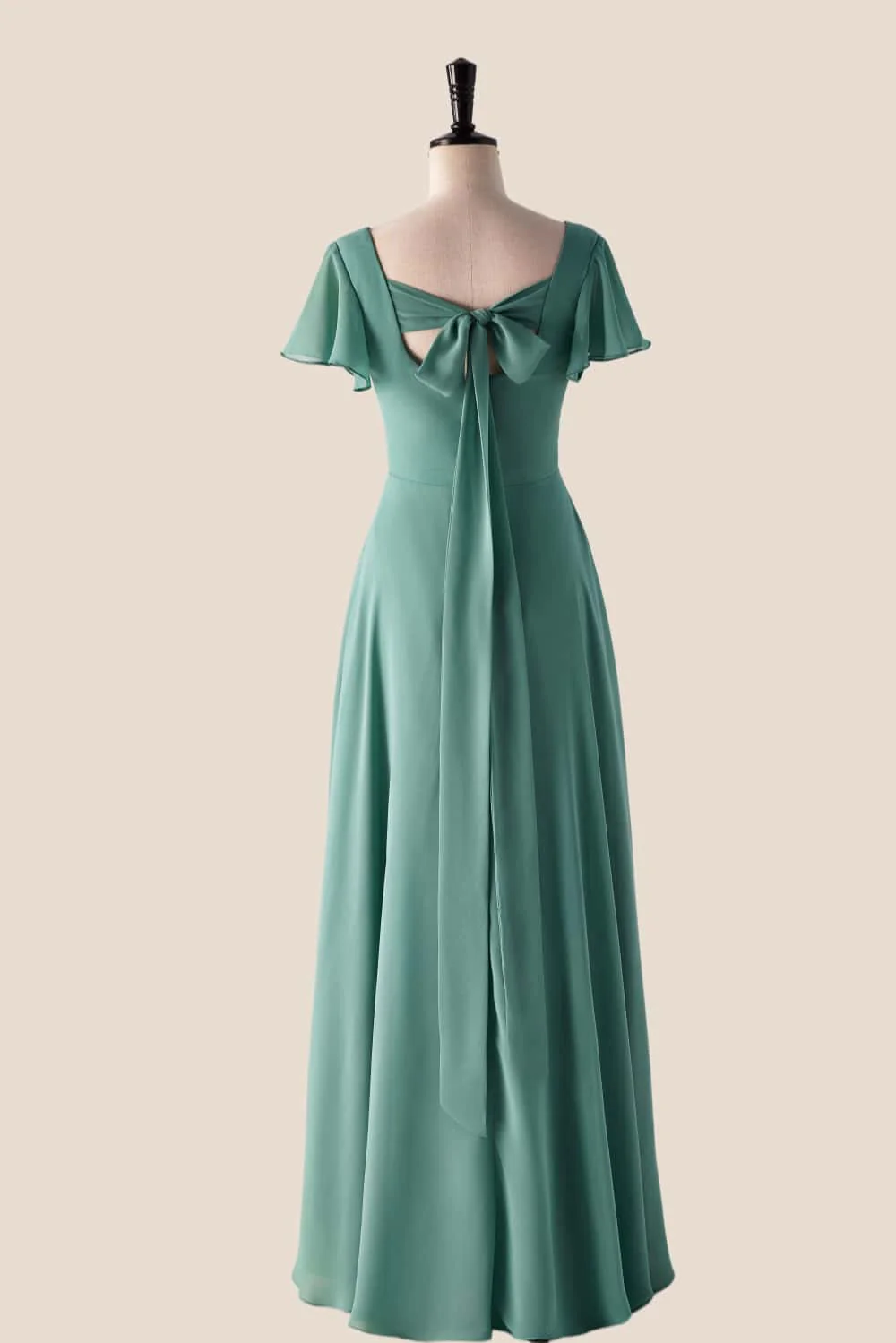 Flare Sleeves Misty Blue Chiffon Long Bridesmaid Dress - Image 3