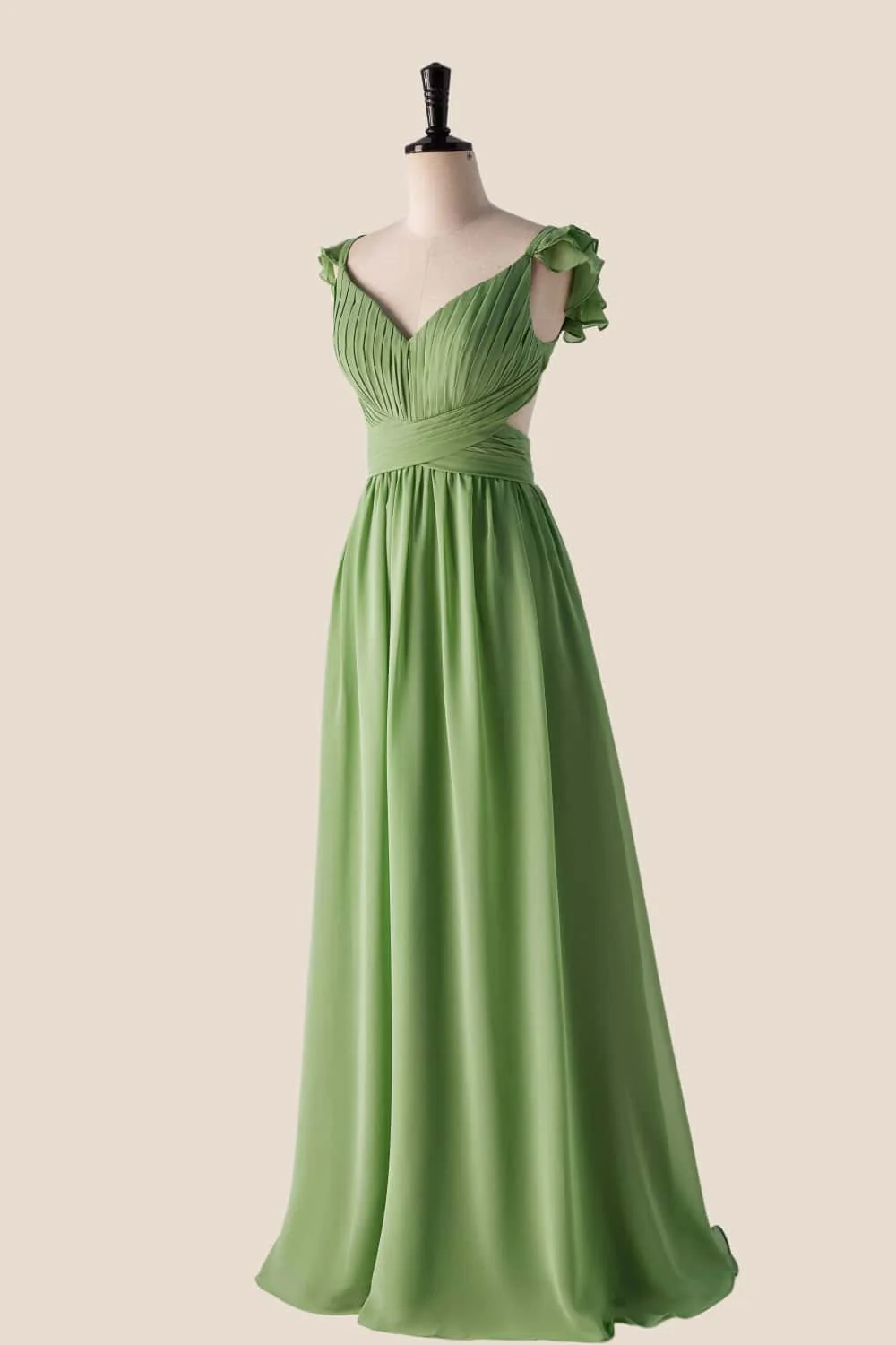Flare Straps Matcha Green Long Bridesmaid Dress - Image 3