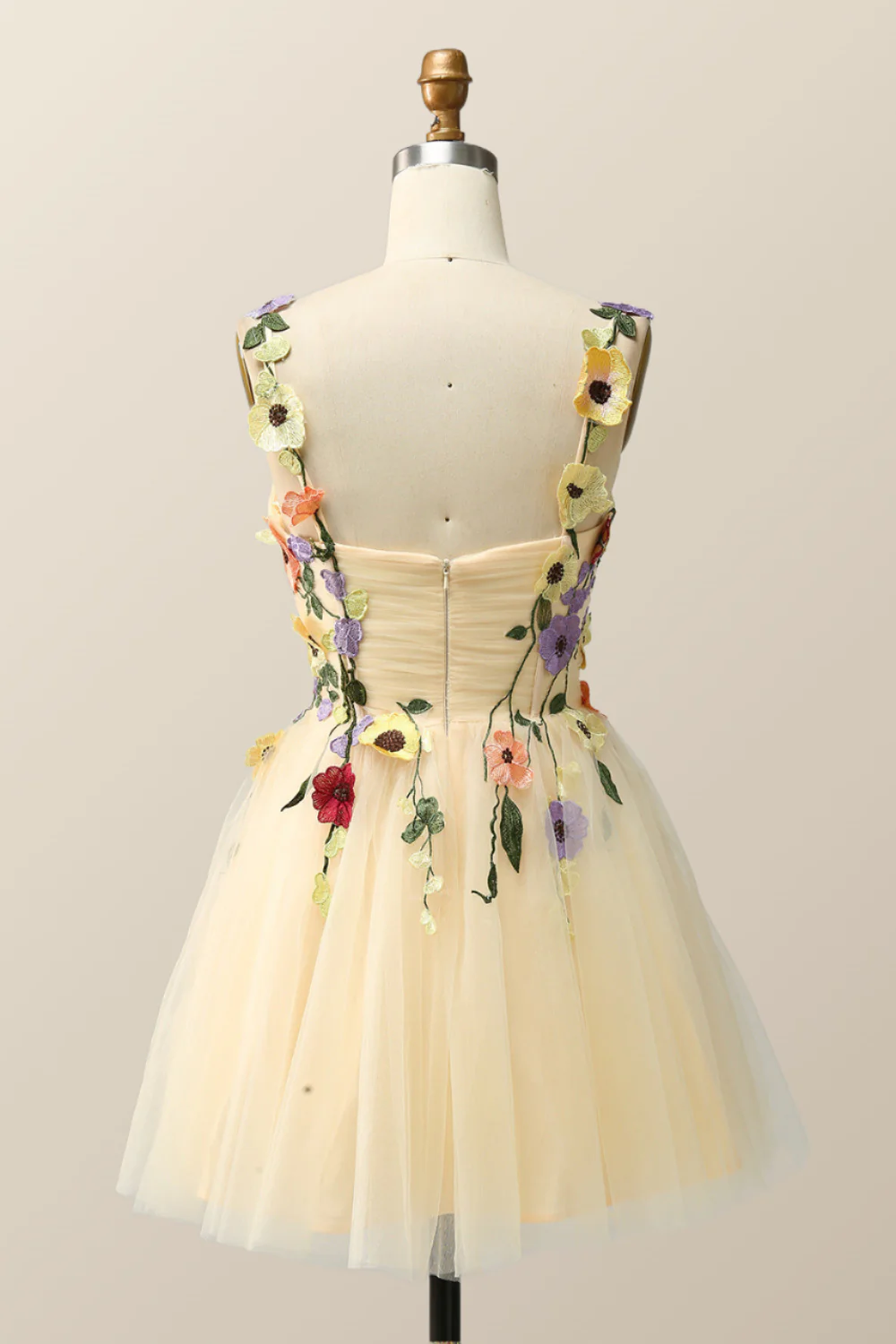 Floral Embroidered Champagne Tulle Short Homecoming Dress - Image 3