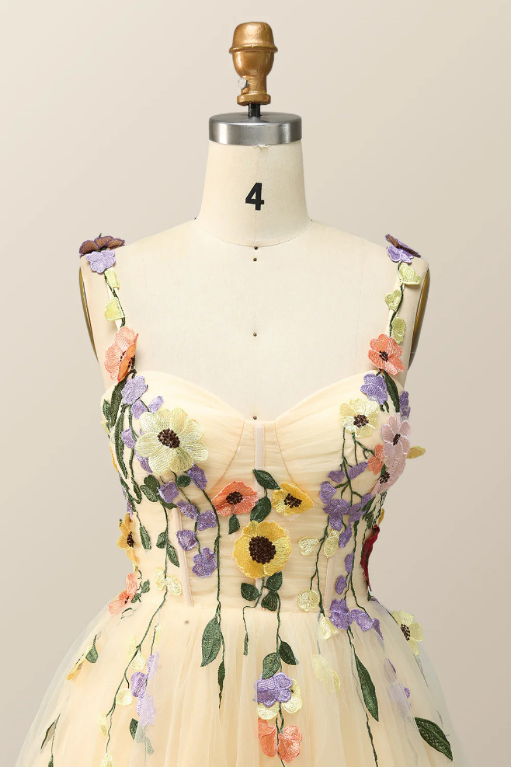 Floral Embroidered Champagne Tulle Short Homecoming Dress - Image 4