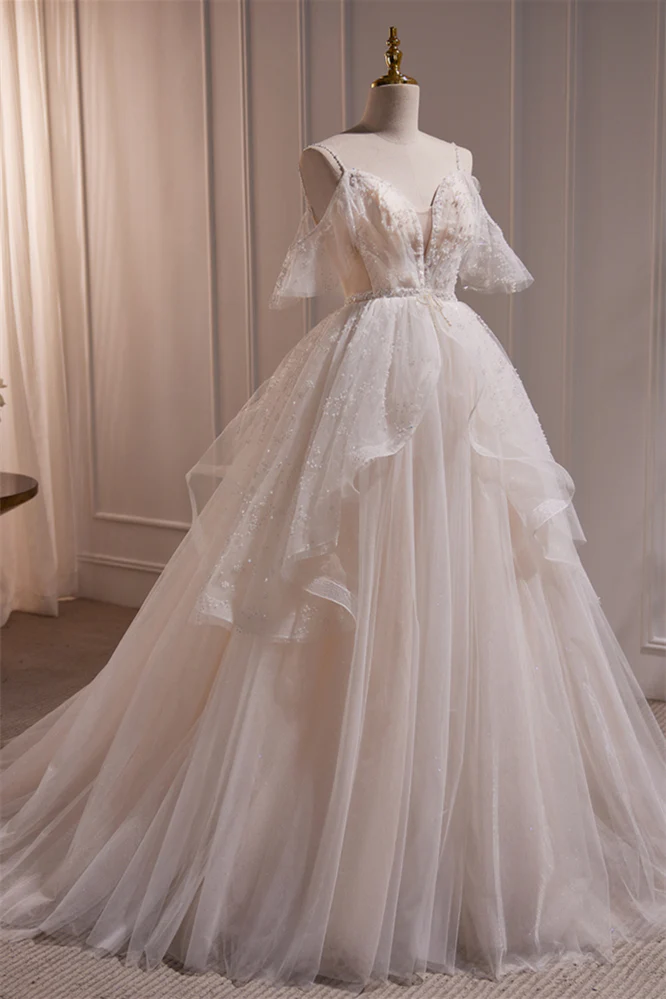 Straps White Tulle Tiered Tulle Formal Gown - Image 3