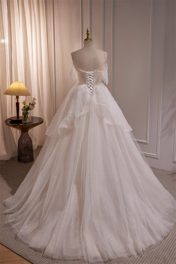 Straps White Tulle Tiered Tulle Formal Gown - Image 5