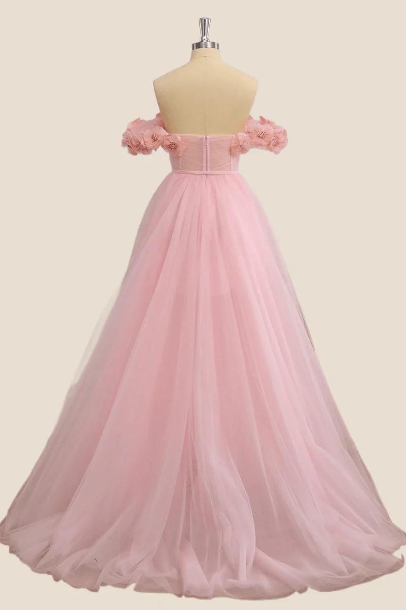 Flowers Off the Shoulder Pink Tulle A-line Formal Dress - Image 2