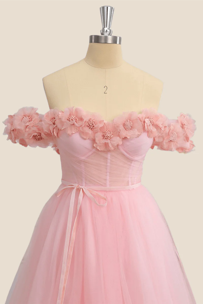 Flowers Off the Shoulder Pink Tulle A-line Formal Dress - Image 3