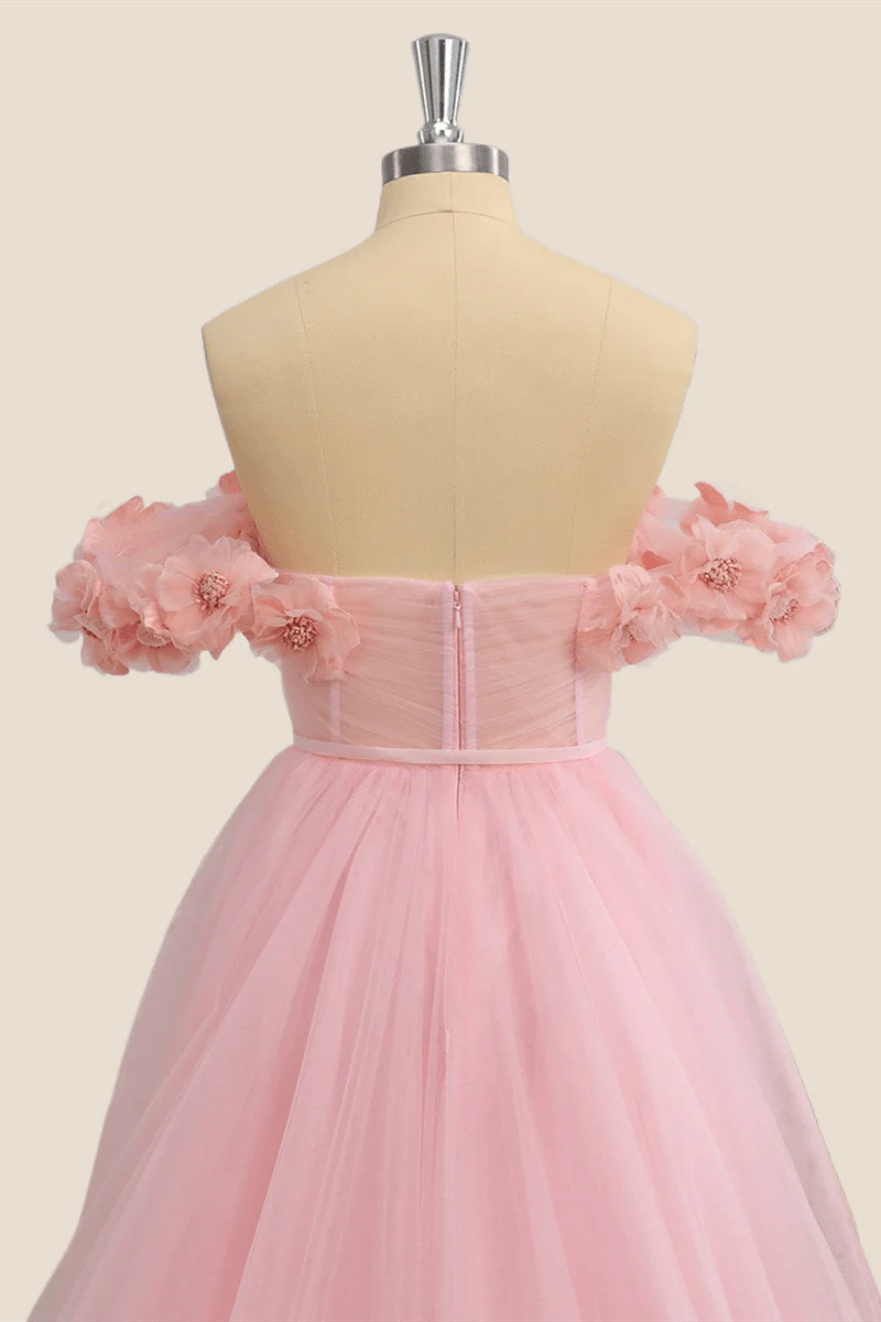 Flowers Off the Shoulder Pink Tulle A-line Formal Dress - Image 4
