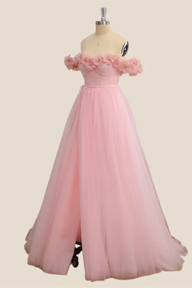 Flowers Off the Shoulder Pink Tulle A-line Formal Dress - Image 5